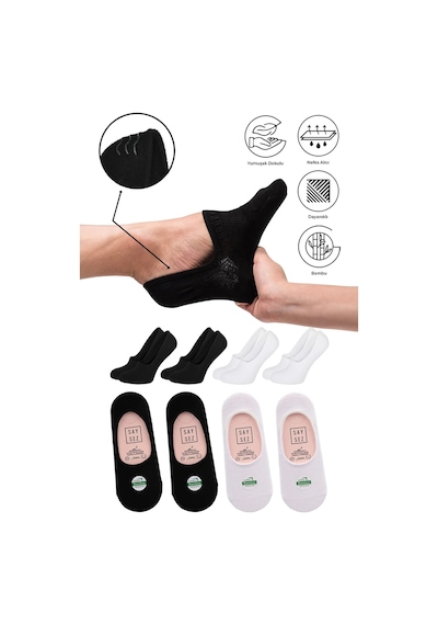 Saysez Bambu Kadın Babet Siyah-beyaz Çorap Dikişsiz Görünmez Kaydırmaz Topuk Silikonlu Premium 4'lü Paket Renkli Saysez Bambu Kadın Babet Siyah-beyaz Çorap Dikişsiz Görünmez Kaydırmaz Topuk Silikonlu Premium 4'lü Paket Renkli