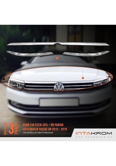 intakrom Volkswagen Passat B8 Krom Far Üzeri Çıta + Ön Panjur - 2015-2019