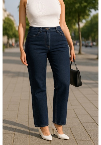 Cedy Denim Cedy Denım - Kadın Büyük Benden Boru Paça Yüksek Bel Regular Fit Likralı Pantolon C626 Lacivert