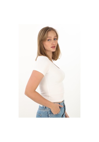 V Yaka Slim Fit Crop Tişört-ekru Ekru