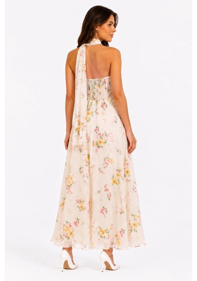 Elora Atelier Çiçek Desenli Şallı Askılı Elbise Çok Renkli