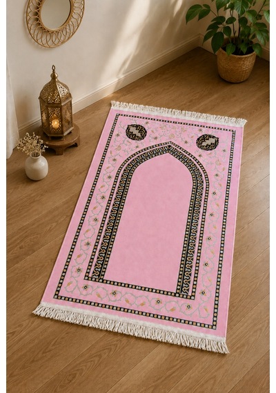 Gelin Damat Kadife Kaplı Kuranı Kerim Seccade Tesbih Takke Namaz Örtüsü Esans Ve Kutulu İslami Hediye Seti - Siyah Pembe