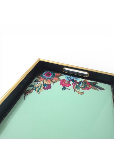 Sudedi Home Altın Çerçeveli Yeşil Floral Desenli Melamin Sunum Tepsisi 31x46 Cm Yeşil