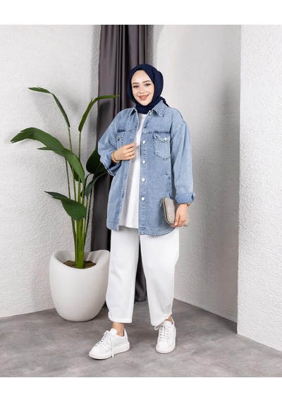 Hb Harma Time Butik Kadın Yıkamalı Cepli Denim Kot Mavi Ceket