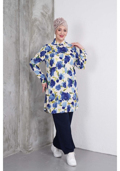 Polologin Butik Mavi Yeşil Desenli Tunik Pantolon Takım Mavi & Yeşil & Lacivert
