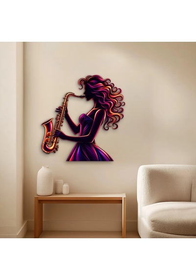 Neon Saksofoncu Kadın - Metal Tablo - Dec0243 60 X 61 Cm Çok Renkli