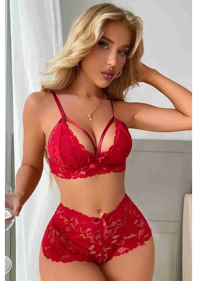 Merry See Dantel Şık Sütyen Külot Takım İç Giyim Kırmızı 001
