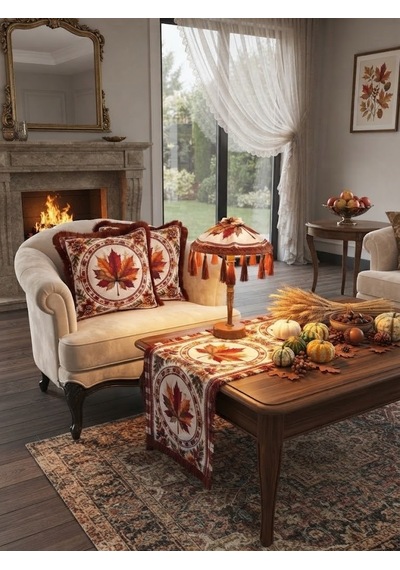 Missidea Fall Elegance Yaprak Desenli Dekoratif Masa Üstü Lambası Bali Şemsiyesi Seti Şemsiye + Runner + 2 Li Kırlent Kılıfı Çok Renkli