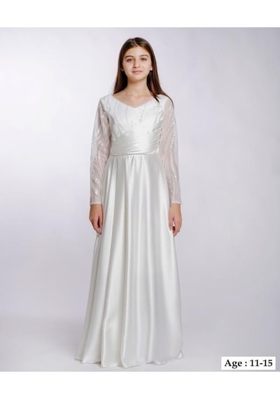 Kız Çocuk/genç Yeni Moda Tafta Kumaş Uzun Kollu Tam Kalıp Abiye Elbise 5799-beyaz Beyaz