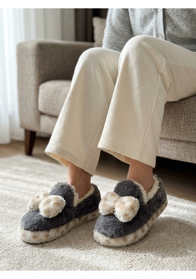 Nmoda Kadın Fiyonklu Yumuşak Peluş Panduf İçi Kürklü Kaymaz Taban Kışlık Sıcak Tutan Ev Terliği Ev Botu Gri