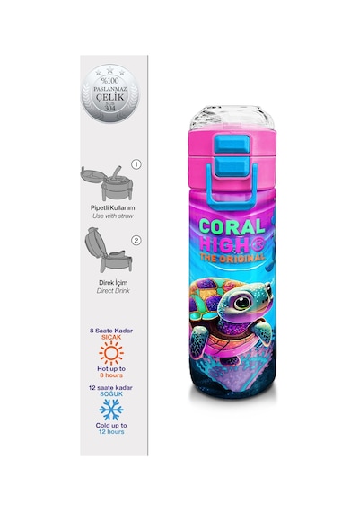 Coral High Kids Pembe Mor Kaplumbağa Desenli Pipetli Ve Direkt İçim Çelik Termos 500 Ml 31957 Pembe - Mor