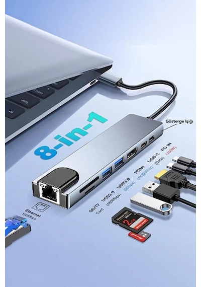 Type C Girişli 8 Port Dönüştürücü Ve Çoklayıcı