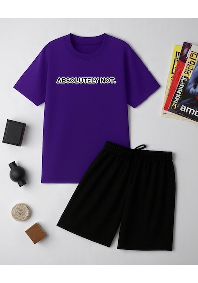 Uyguntarz Unisex Kesinlikle Hayır. Tasarım Basklı Tshirt Şort Takımı Mor