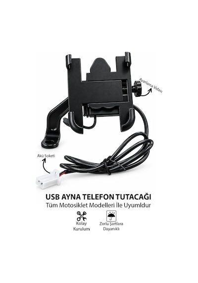 Motosiklet Uyumlu Usb Ayna Telefon Tutacağı Tüm Yıllar Abs Plastik + Metal Siyah Renk