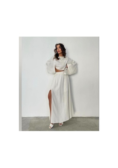 Unika Boutique Ham Keten Bohem Bluz Etek Takım beyaz