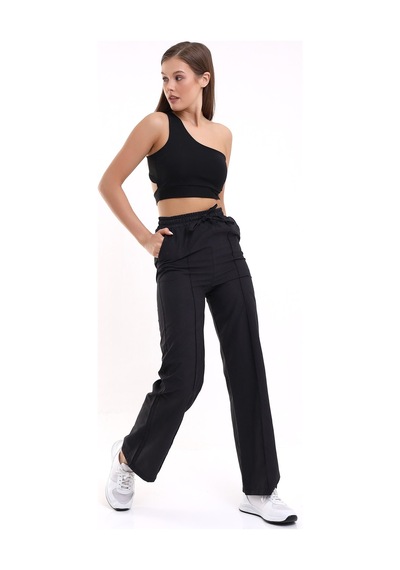 Winmoda34 Kadın Keten Palazzo Pantolon Önü Dikişli siyah
