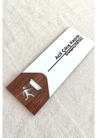 Acil Çıkış Kapı Tabelası Mdf Acil Durum Yönlendirme Levhası 19x7 Cm Çift Katmanlı