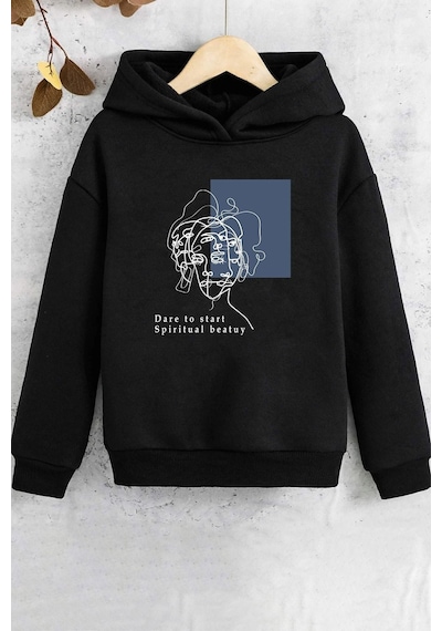 Uyguntarz Çocuk Minimal Line Drawing Baskılı Sweatshirt Siyah