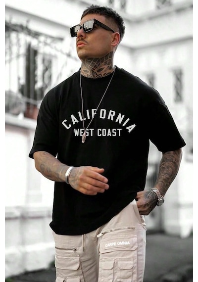 Unisex West Coast Baskılı Oversize Tshirt Siyah