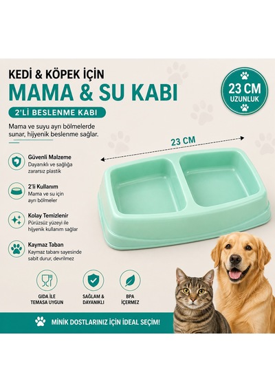 Kedi Köpek İkili Mama Ve Su Kabı 23 Cm Kaymaz Tabanlı Çift Bölmeli - Mint Yeşili