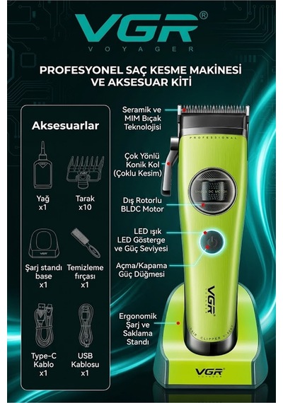V-880c Profesyonel Saç Kesme Makinesi 7200 Rpm Seramik & Mım Çelik Bıçaklı Şarjlı Tıraş Makinesi 10 Taraklı - Clipper