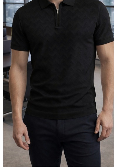 Erkek Slim Fit Fermuarlı Polo Yaka Triko Tişört Siyah