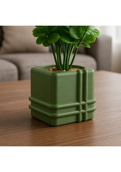 3d Baskı Square Planter - Izgara Desenli Küp Saksı-yeşil