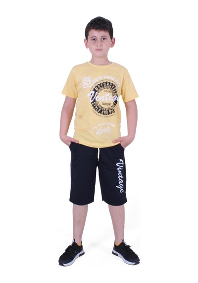 Fyk Kids Vintage Custom Yazı Baskılı Erkek Çocuk Yazlık Takım Sarı