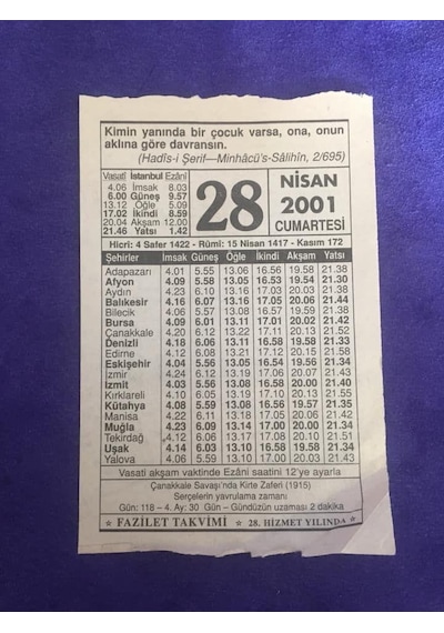 28 Nisan 2001 Takvim Yaprağı - Nostalji Koleksiyonluk Takvim Yaprağı