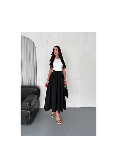 Winmoda34 Tesettür Dabıl Kumaş Pileli 91 Cm Tam Boy Uzun Etek Siyah
