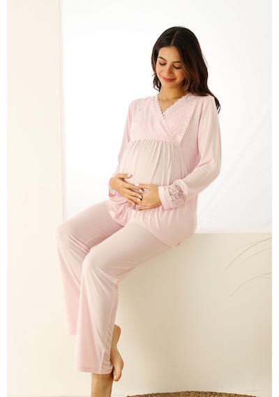 Farya Home Premium Kutulu Emzirme Bölmeli Dantelli Hamile Lohusa Pijama Takımı Açık Pembe