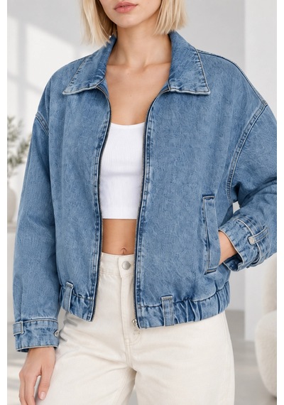 Mevese Kadın Fermuarlı Kemerli Oversize Denim Ceket - Beli Kemer Detaylı Kot Ceket - Mavi Buz Mavisi Mevese Kadın Fermuarlı Kemerli Oversize Denim Ceket - Beli Kemer Detaylı Kot Ceket - Mavi Buz Mavisi