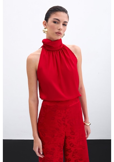 Sateen Boğazlı Kolsuz Bluz - Kırmızı-135947 Kırmızı