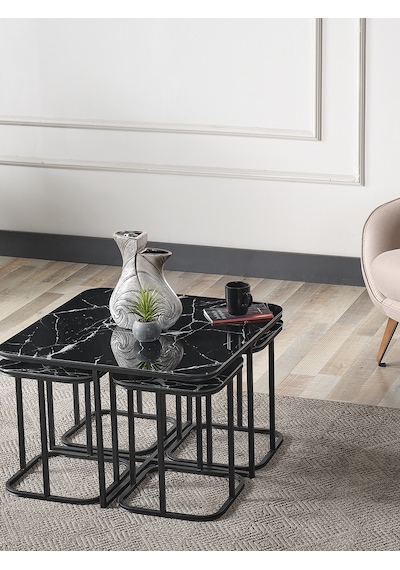 Pelikan 4+1 Siyah Mermer Temperli Cam Siyah Metal Ayak Takım Sehpa Sedaş Living Units Sehpa