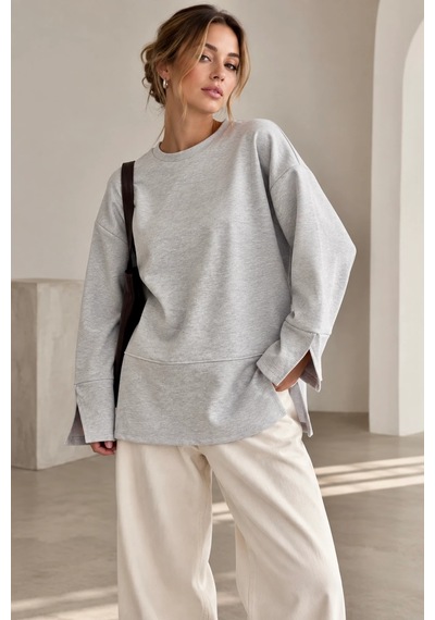 Bb Butik Basic Oversize Yırtmaç Detaylı Bisiklet Yaka Sweatshirt Zg3535 Gri