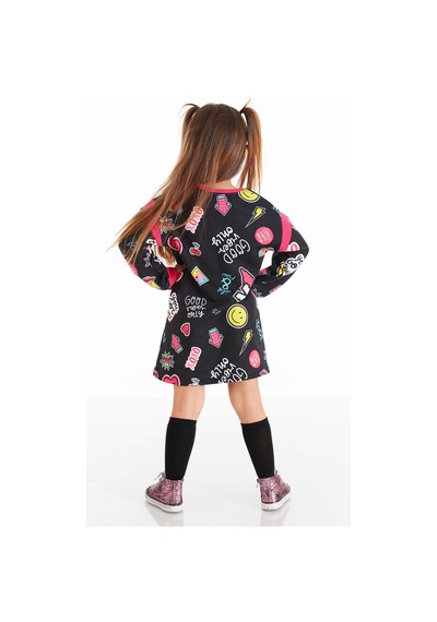 Denokids Kız Çocuk Kışlık Slogan Baskılı Siyah Uzun Kollu Elbise 4-10 Yaş