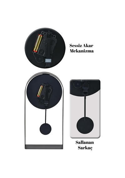 Masa Saati Sarkaçlı Metal Siyah Renk Sessiz Mekanizma Dekoratif Modern Tasarım 32x16cm Mms Myk3000-1 Diğer