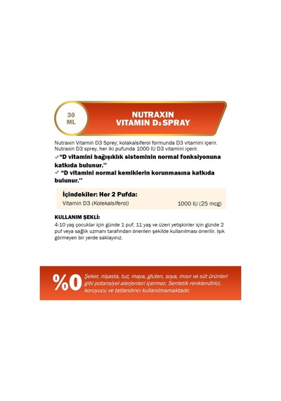 Vitamin D3 Spray 1000 Iu D3 Vitamini Şeker Ve Gluten İçermez 30 Ml Sprey Form