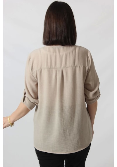 Moda Berray Tb-069 Keten Kolu Apoletli Sıfır Yaka Büyük Beden Taş Rengi Gömlek Bej