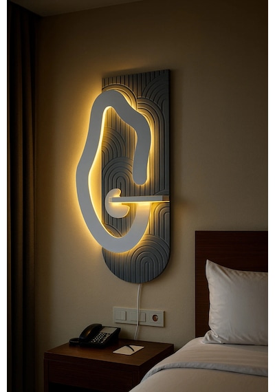 Lüks Modern Led Duvar Dekoru Raflı Tasarım Uzaktan Kumandalı Ambiyans Işığı 110x56cm Ahşap