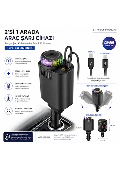 Ultratekno C7 Araç Şarj Cihazı 5in1 45w Hızlı Şarj Oto Parfüm Difüzör Type-c & Lightning Makaralı Kablo Rgb Yıldız Işığı Araç İçi Nemlendirici Gri