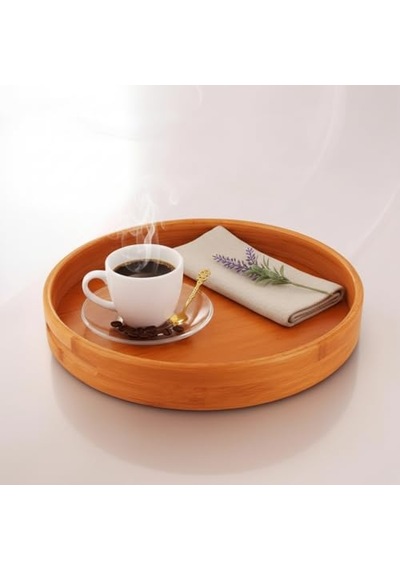 Ayrex Taşıma Kulplu Yuvarlak Bambu Tepsi 30 Cm Doğal Ahşap Servis Tepsisi Kahve, Kahvaltı Ve Dekoratif Masaü