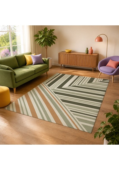 Kartela Halı Çizgili Blok Desenli Modern Halı Adaçayı Yeşili Kaymaz Taban 80x120 Cm