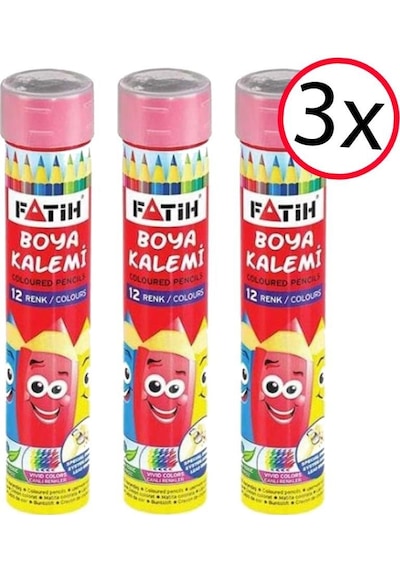 Fatih Tüp Kuru Boya Kalemi 12 Renk 3 Adet Çok Renkli