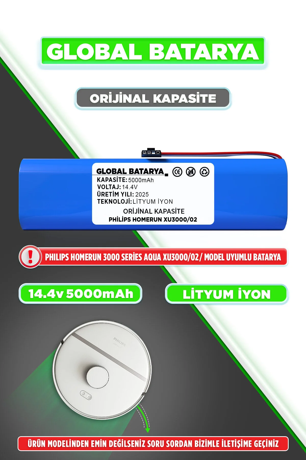 Philips Homerun 3000 Serisi Aqua Xu3000-02 Uyumlu Batarya 14.4v 5000mah Pil  Kapasite