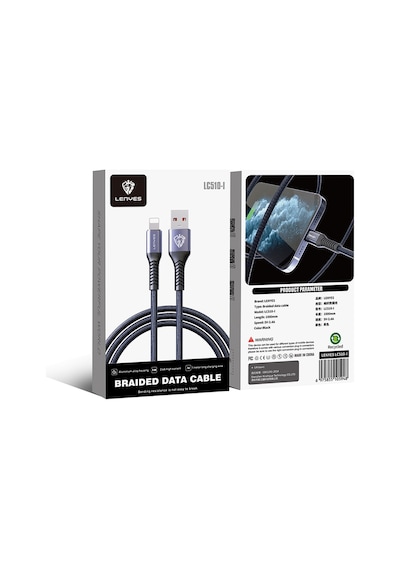 Lenyes Lc510 Usb-a To Lightning 2.4a Örgü Tasarımlı Hızlı Şarj Özellikli Şarj Kablosu 1m Siyah Siyah