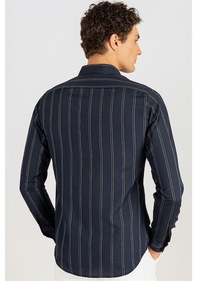 Tudors Slim Fit Düğmeli Yaka Pamuklu Kolay Ütü Çizgili Erkek Gömlek-24822-lacivert Lacivert Tudors Slim Fit Düğmeli Yaka Pamuklu Kolay Ütü Çizgili Erkek Gömlek-24822-lacivert Lacivert