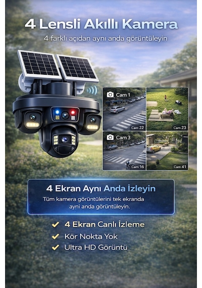 Ok335 12mp 4 Kameralı 4g Solar Güvenlik Kamerası Aov Gece Görüş 128gb Hafıza Kartı + 1 Yıl İnternet