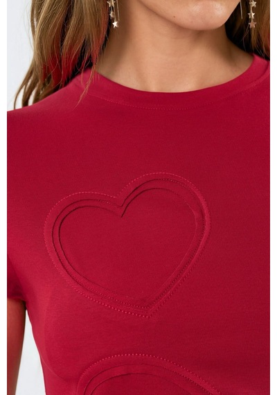 Hiccup Busem İşlemeli Kalp Desenli Yuvarlak Yaka T-shirt Kırmızı