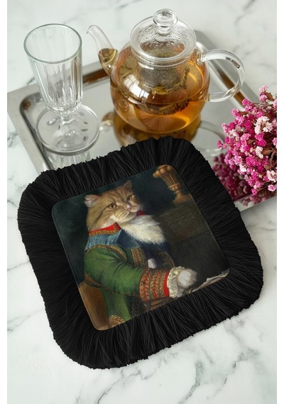 Lüks Kedi Portre Saçaklı Sunum Peçetesi - Aristokrat Retro Siyah Altın Renkli Bardak Altlığı Mendil Çok Renkli